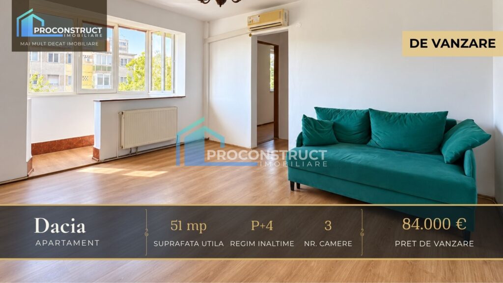 Apartament 3 camere de vânzare în Dacia | 51 mp